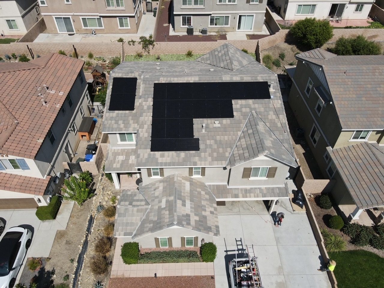Aerial view of a completed rooftop array